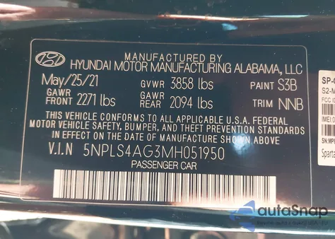 2021 Hyundai Elantra Sel z USA, uszkodzony, nr VIN 5NPLS4AG3MH051950